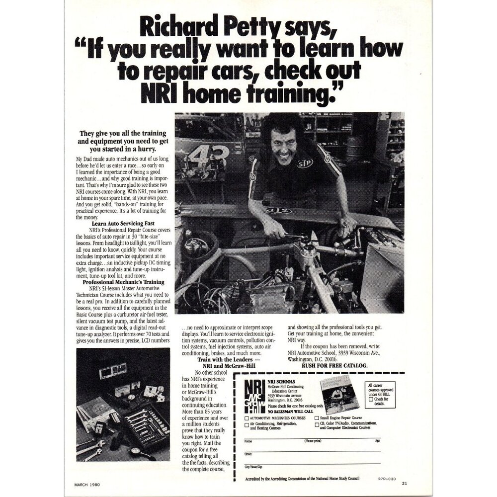 1980 NRI Professional Mechanics Course Richard Petty Vintage Print Ad Wall Art